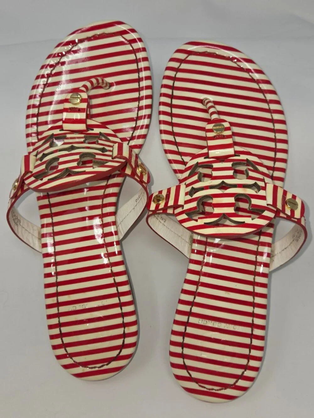 Tory Burch Miller Red/Cream Patent Striped Sandal, Size 7M